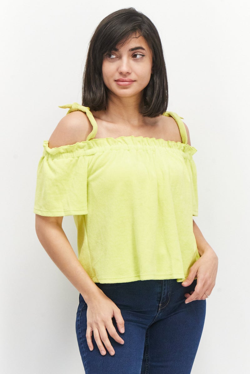 Juicy Couture Women Square Neck Cold Shoulder Sleeve Textured Top, Lime - Image 1