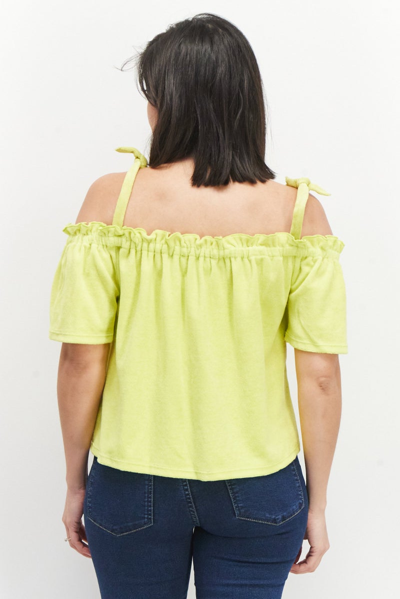 Juicy Couture Women Square Neck Cold Shoulder Sleeve Textured Top, Lime - Image 4