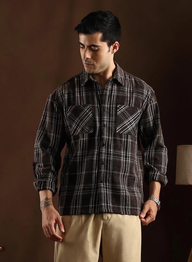 Campus Sutra Campus Sutra Men's Midnight Black Multi-Check Utility Shacket For Casual Wear | Spread Collar | Long Cuffed Sleeves | Button Closure | Overshirt/Shacket Crafted With Comfort Fit For Everyday Wear
