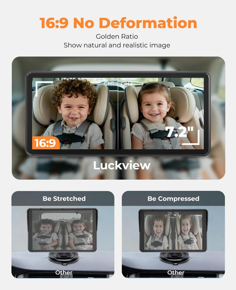 LUCKVIEW BM5PRO 7.2" 1080P HD Baby Car Camera for 2 Kids, Split Screen with IR Night Vision, Easy to Install & Adjust Brightness, Dual Car Camera Baby Monitor for Rear Seat Safety - Image 3