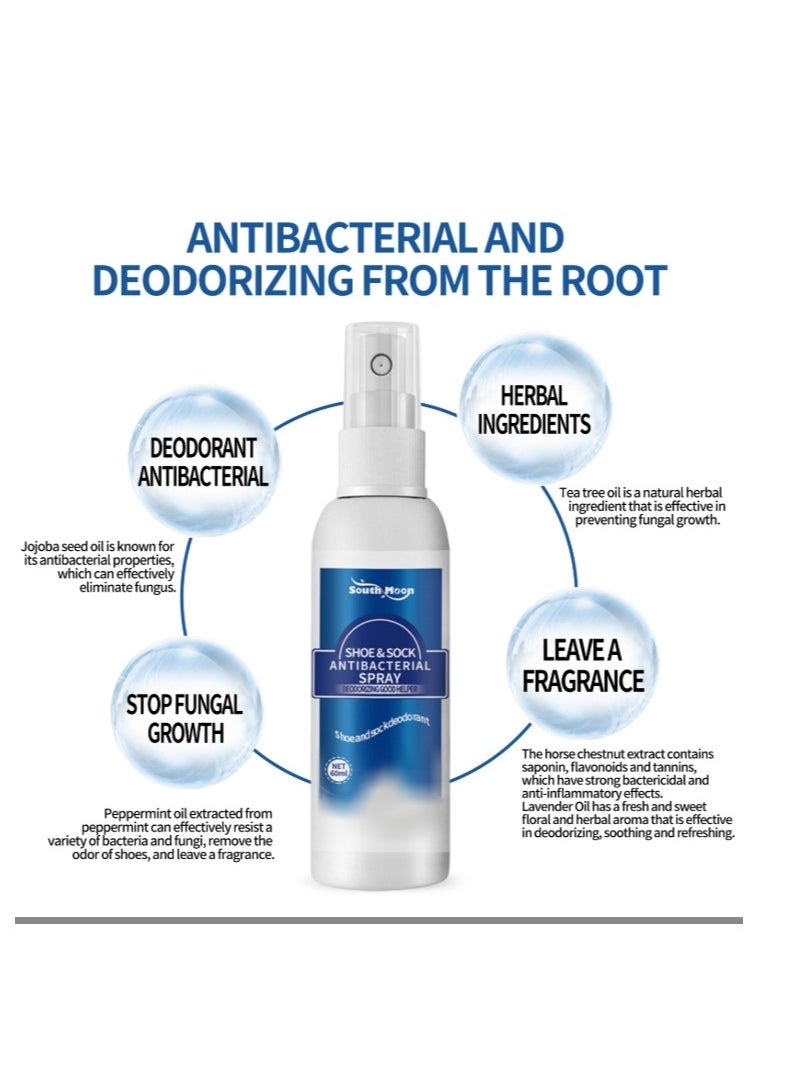 Shoe & Sock Antibacterial Deodorant Spray Foot Odor Eliminator Shoe Deodorizer,Muti-Purpose Foot Odor Control Odor Eaters for Shoes Sneakers Boots Sandals 60ML