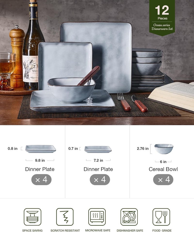 Famiware Ocean Square 12-Piece Dinnerware Set for 4 - Grey - Image 2