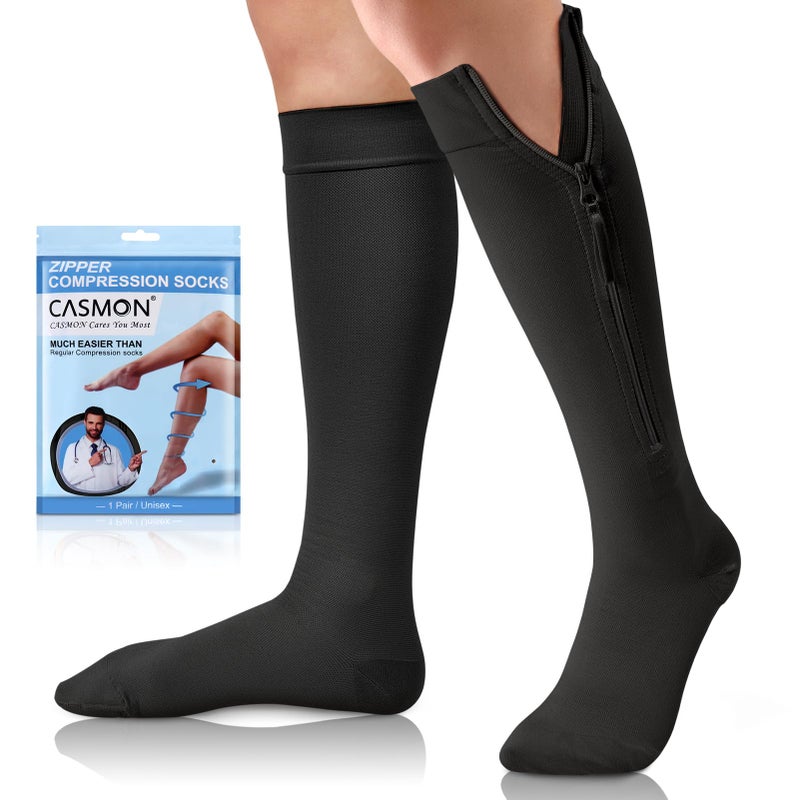 CASMON Zipper Compression Socks for Women & Men, 20-30 mmHg Closed Toe Knee High Support Sock, Medical Zip up Socks for Edema, Varicose Veins, Post-surgery, Swelling, Nurses, Pregnancy (1 Pair) - Image 1