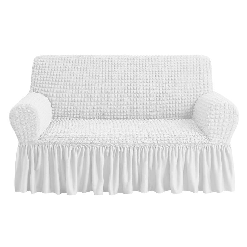 NICEEC Loveseat Slipcover White Loveseat Cover 1 Piece Easy Fitted Sofa Couch Cover Universal High Stretch Durable Furniture Protector Love Seat with Skirt Country Style 2 Seater White