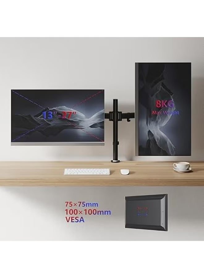Dual Monitor Desk Mount Stand for 13–27 Inch Screens, Adjustable Height Heavy-Duty Steel Arm with Full Motion Swivel, Tilt and Rotation VESA 75/100 Compatible - Image 2