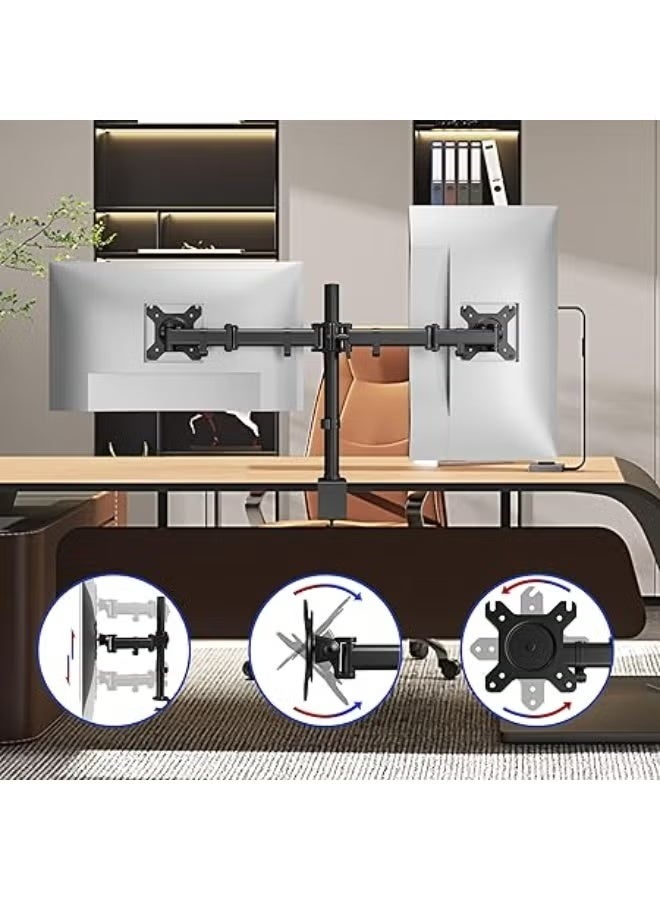 Dual Monitor Desk Mount Stand for 13–27 Inch Screens, Adjustable Height Heavy-Duty Steel Arm with Full Motion Swivel, Tilt and Rotation VESA 75/100 Compatible - Image 3
