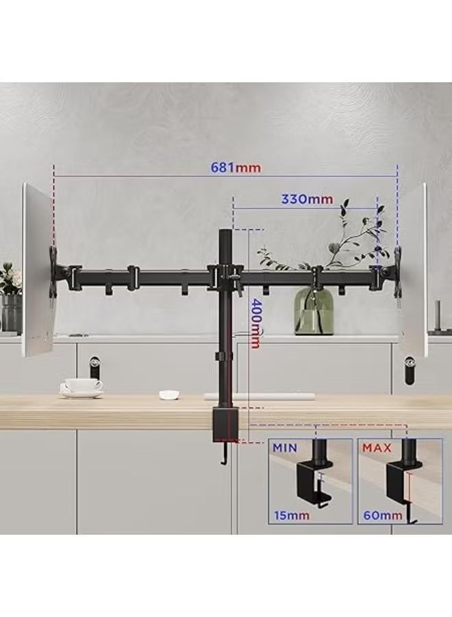 Dual Monitor Desk Mount Stand for 13–27 Inch Screens, Adjustable Height Heavy-Duty Steel Arm with Full Motion Swivel, Tilt and Rotation VESA 75/100 Compatible - Image 4