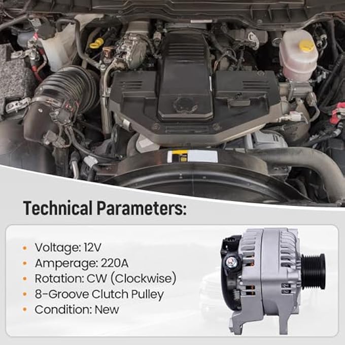 FuseRish 421000-7001 Alternator 12V 220A Compatible with Dodge Ram 2500 3500 4500 5500 2013-2022 L6 6.7L Replace 4801313AC, 4801313AB, 56029707AA, 213-8908, ND421000-7001, 11379N CW 8-Groove - Image 4