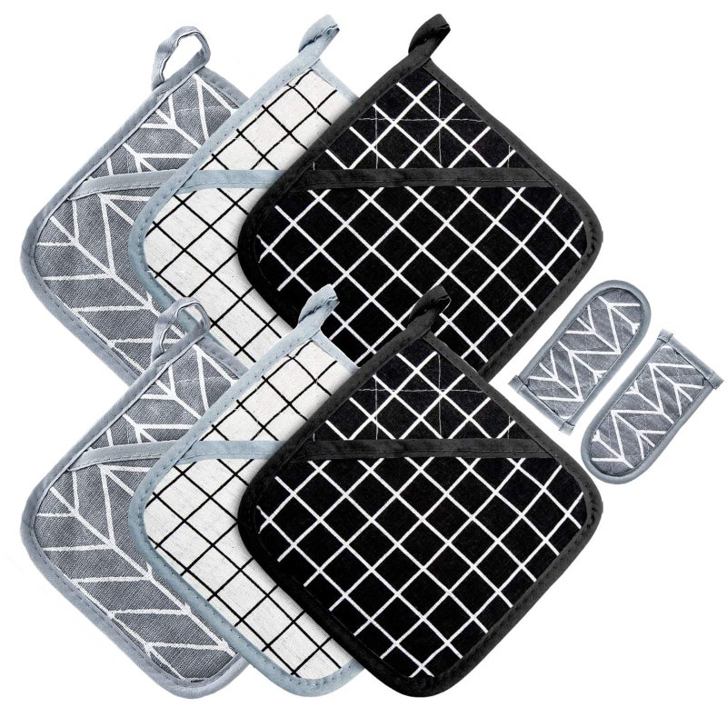 Win Change Win Change Heat Resistant Potholders Hot Pads6 Kitchen Pot Holders Set with 2 Pan Hot Handle Holders Trivet for Cooking and Bakingwith Recycled Cotton Infill Terrycloth Lining BlackGreyWhite 62 