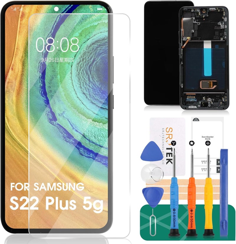 SRJTEK OLED لاستبدال شاشة Samsung S22 Plus 5g، مجموعة إصلاح شاشة LCD لـ Samsung Galaxy S22+، شاشة عرض لـ Galaxy S906U، مجموعة إصلاح شاشة تعمل باللمس مع الإطار (أسود) - Image 1