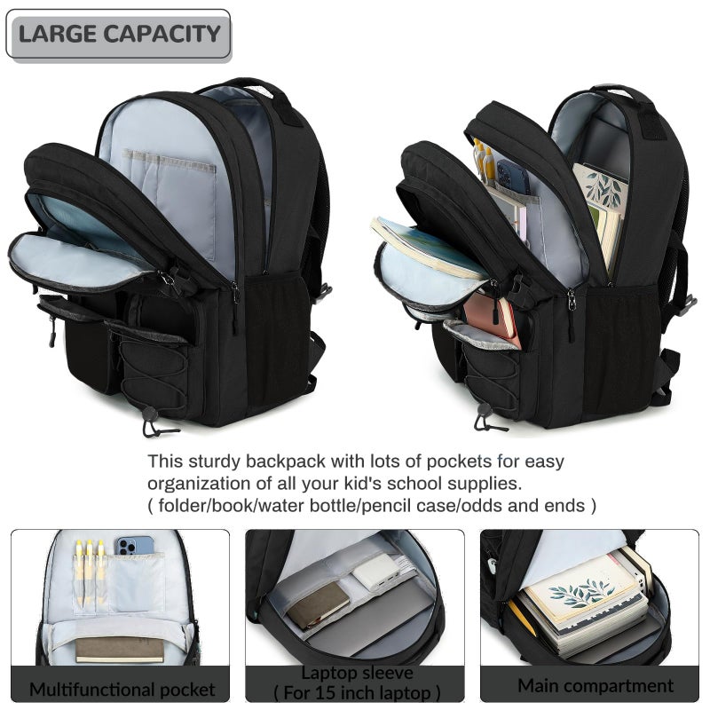 Lohol Water Resistant Daypack with Mulitiple Pockets for School Travel Outdoor College, 15.6 inch Laptop Backpack for Men and Women (Black) - Image 4