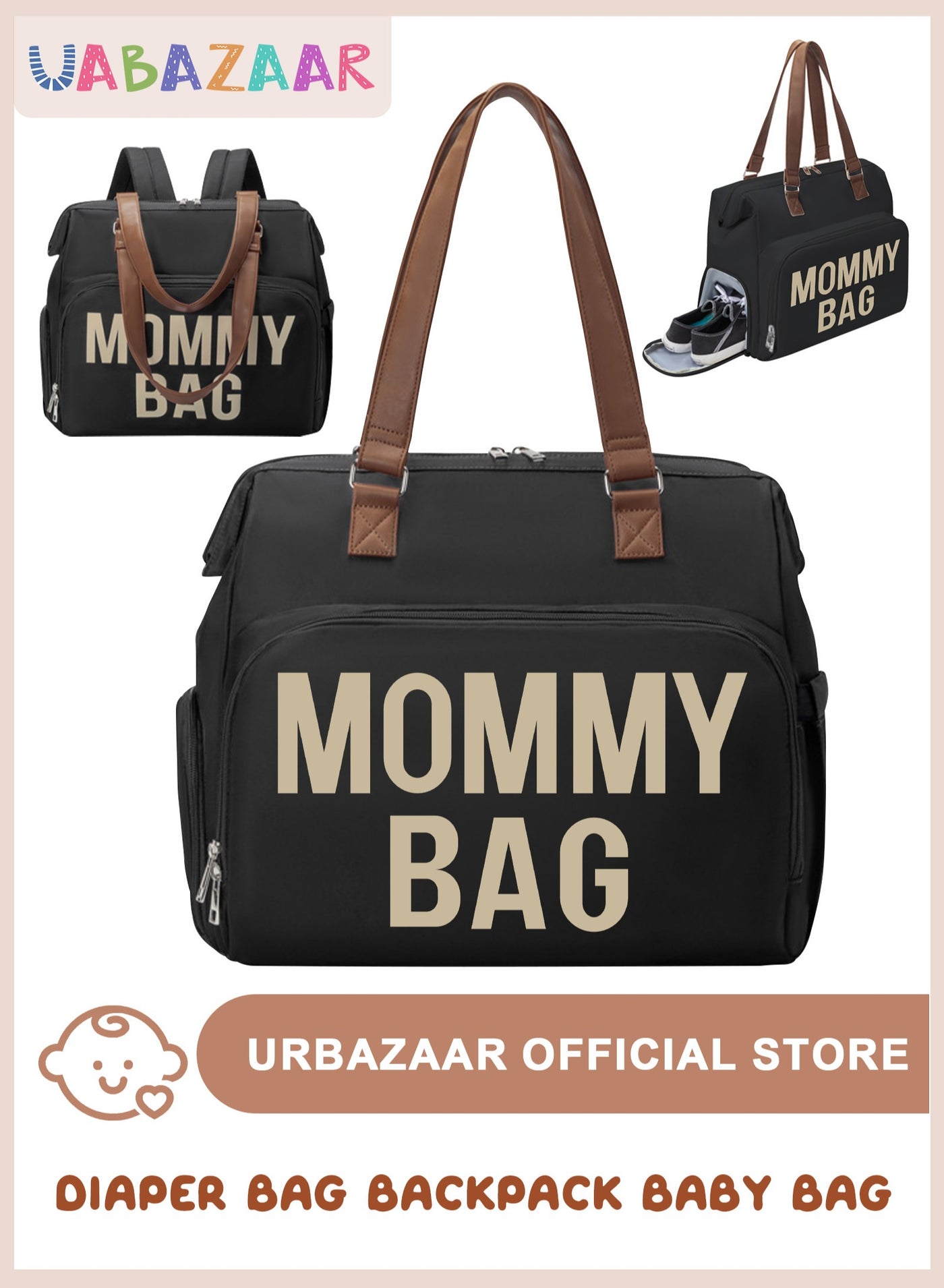 URbazaar Diaper Bag Tote,Diaper Bag backpack with Pacifier Case Large Travel Diaper Tote Caddy for Mom and Dad Multifunction Large Baby Bag - Black