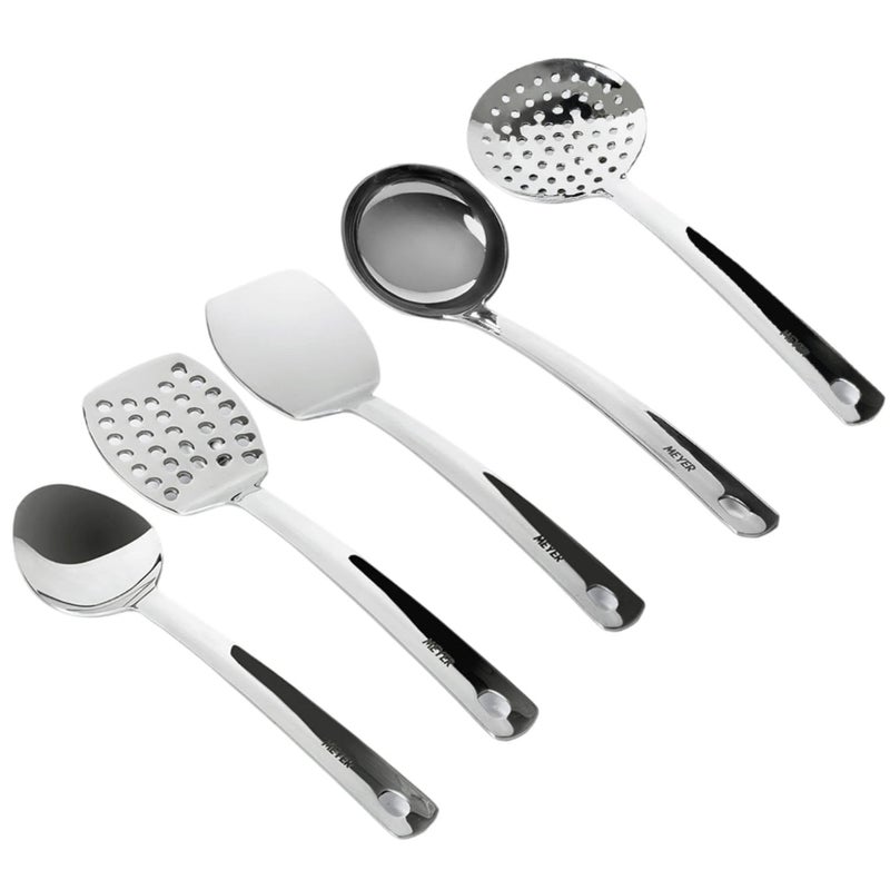 MEYER مجموعة أدوات المطبخ من ستانلس ستيل 5 قطع ملعقة مصفاة ملعقة تقليب ملعقة مشقوقة مجموعة طهي للمطبخ فضي - Image 1