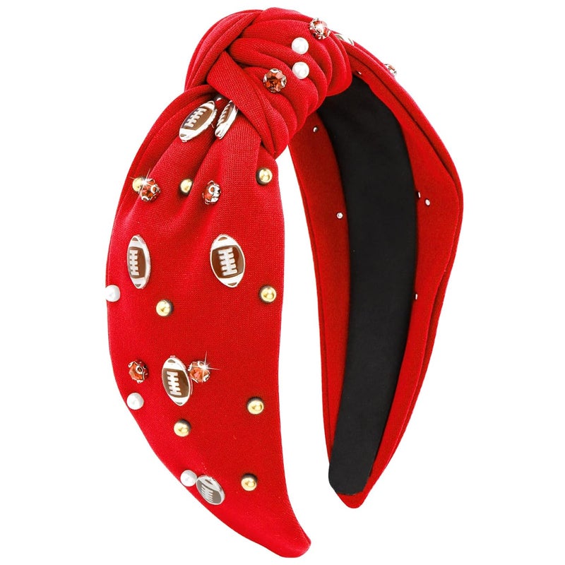 YARIEW Knotted Jeweled Top Knot Headband for Women, Sports Fan Mom Christmas Gifts (Red)