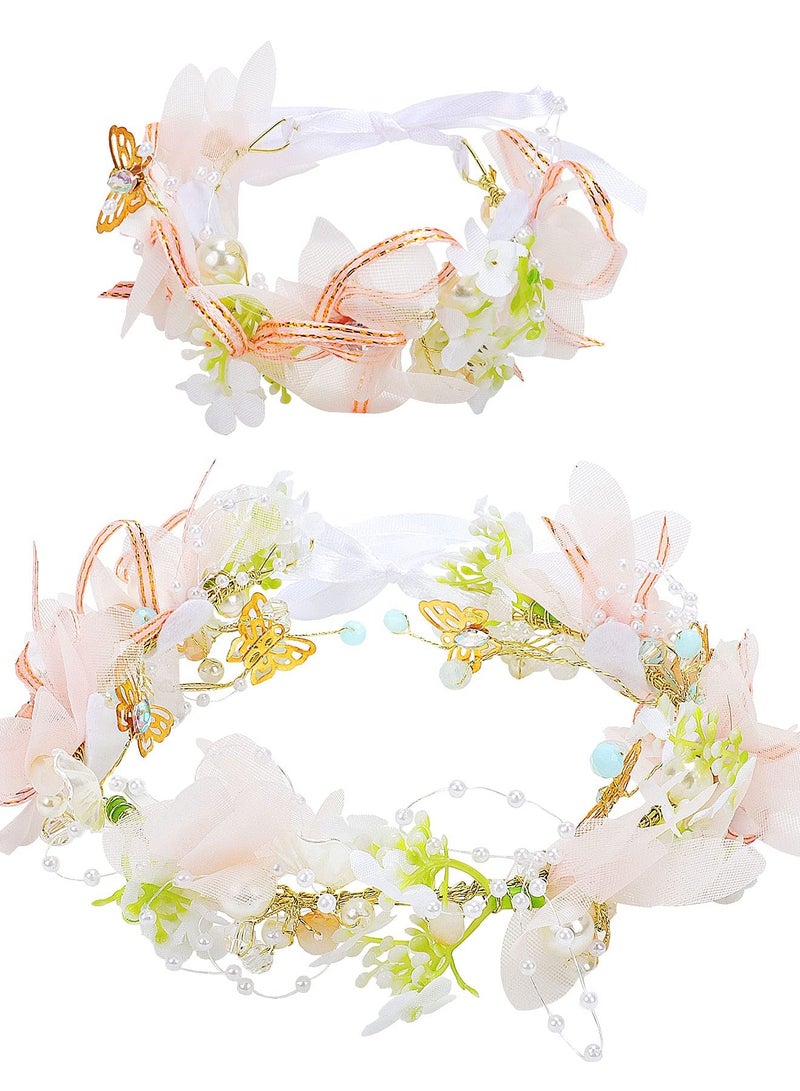 إسكدنيا Flower Wedding Accessories Set Girl Hair Headband and Bracelet Bridesmaid Bands Floral Garland for Women Bride Pearl Vine Tiara Bridal Crown - Image 3