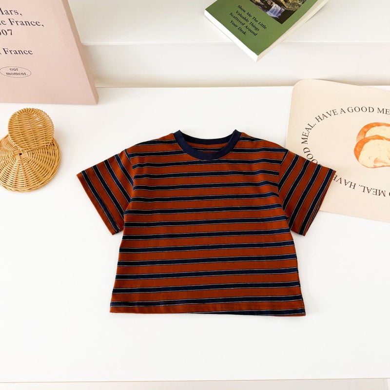Ins Korean Style Summer Stripesd Short-Sleeved T-Shirt For Boys And Girls Baby Pure Cotton Versatile Top Retro Round Neck Contrast T-Shirt - Image 1