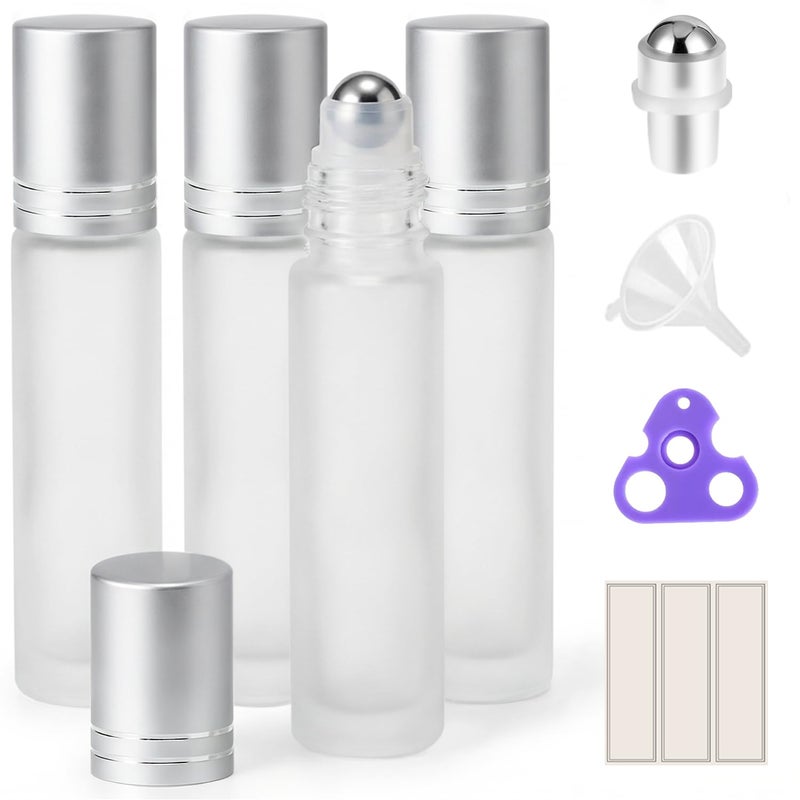 PrettyCare 4 Pack 10 ml Essential Oil Roller Bottles with Stainless Steel Roller Ball Refillable Leakproof Empty Thick Frosted Glass Roll on Bottles with Silver Caps for Travel Perfume - Image 3