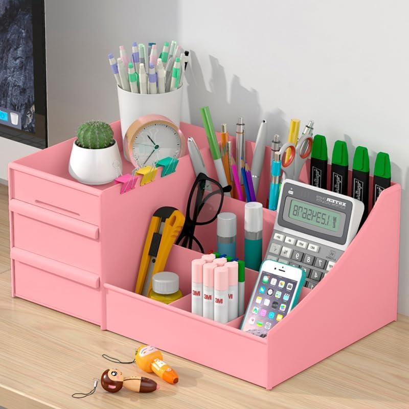 Shuttle Art Plastic Modern Desk Organizer with Pencil Holders, Sticky Note, Paperclip Storage I Multi-Functional Office Table Accessories Desk Organization for School, Home, Office Supplies (Pink) - Image 5