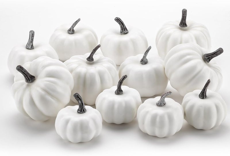 GlyinnHe 12 PCS White Artificial Pumpkins Assorted Sizes Rustic Harvest Lifelike Pumpkin Fake Foam Pumpkin for Halloween Fall Thanksgiving Decorating Harvest Embellishing and Displaying - Image 1