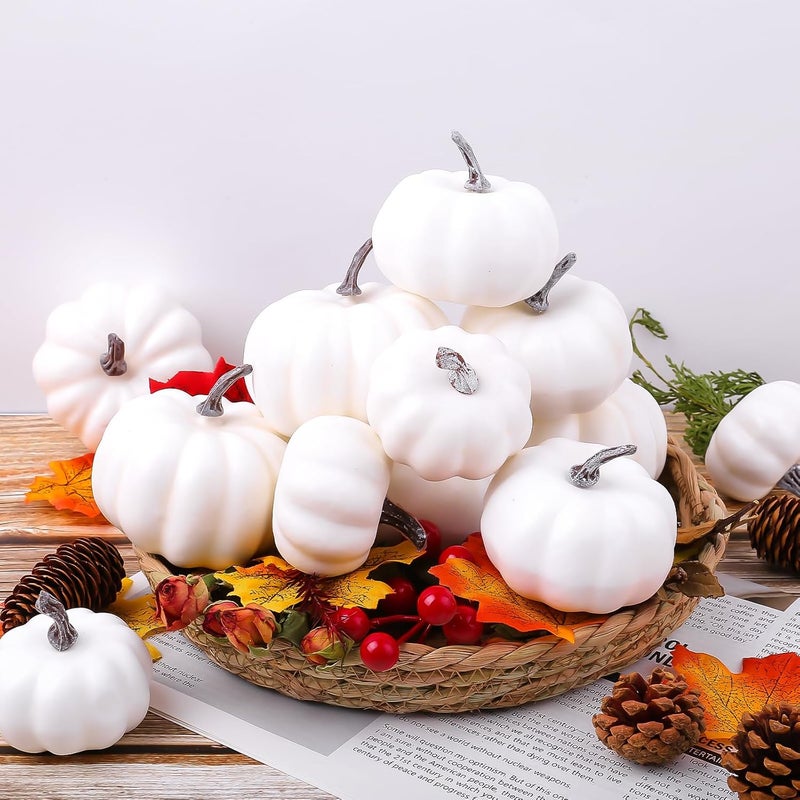 GlyinnHe 12 PCS White Artificial Pumpkins Assorted Sizes Rustic Harvest Lifelike Pumpkin Fake Foam Pumpkin for Halloween Fall Thanksgiving Decorating Harvest Embellishing and Displaying - Image 4