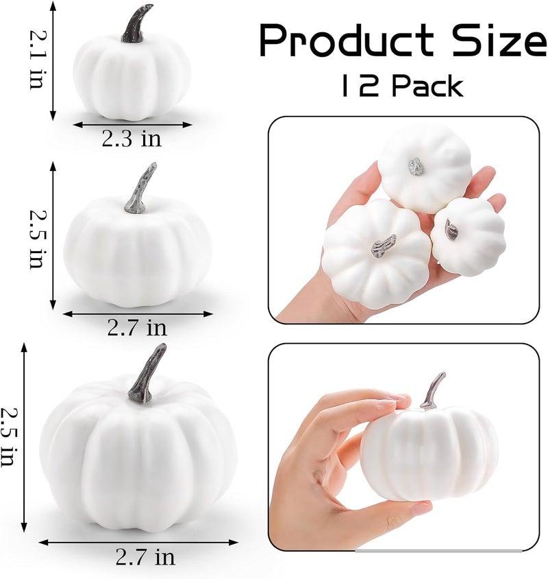 GlyinnHe 12 PCS White Artificial Pumpkins Assorted Sizes Rustic Harvest Lifelike Pumpkin Fake Foam Pumpkin for Halloween Fall Thanksgiving Decorating Harvest Embellishing and Displaying - Image 2
