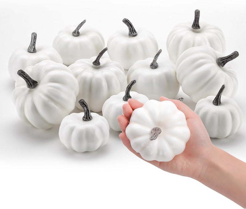 GlyinnHe 12 PCS White Artificial Pumpkins Assorted Sizes Rustic Harvest Lifelike Pumpkin Fake Foam Pumpkin for Halloween Fall Thanksgiving Decorating Harvest Embellishing and Displaying - Image 3