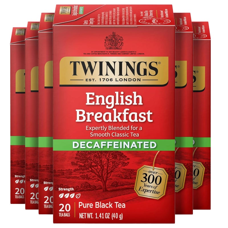Twinings Decaffeinated English Breakfast Individually Wrapped Bags 20 Count Pack of 6 Flavourful Robust Enjoy Hot or Iced 120 Teabags