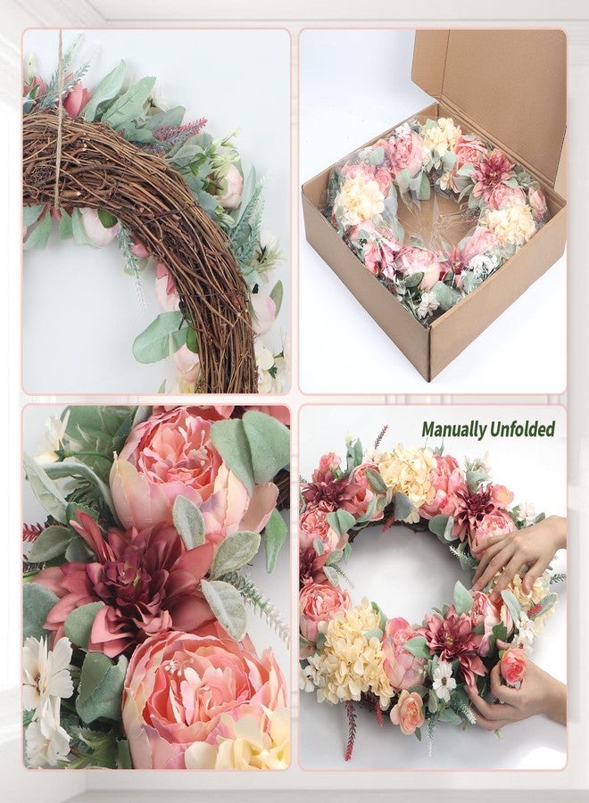 lokeisna 24" Front Door Wreath, Pink Peony Hydrangea Wreath, Summer Floral Bud Wreath for Indoor Outdoor Homer, Wedding, Mother’s Day, Thanksgiving - Image 4