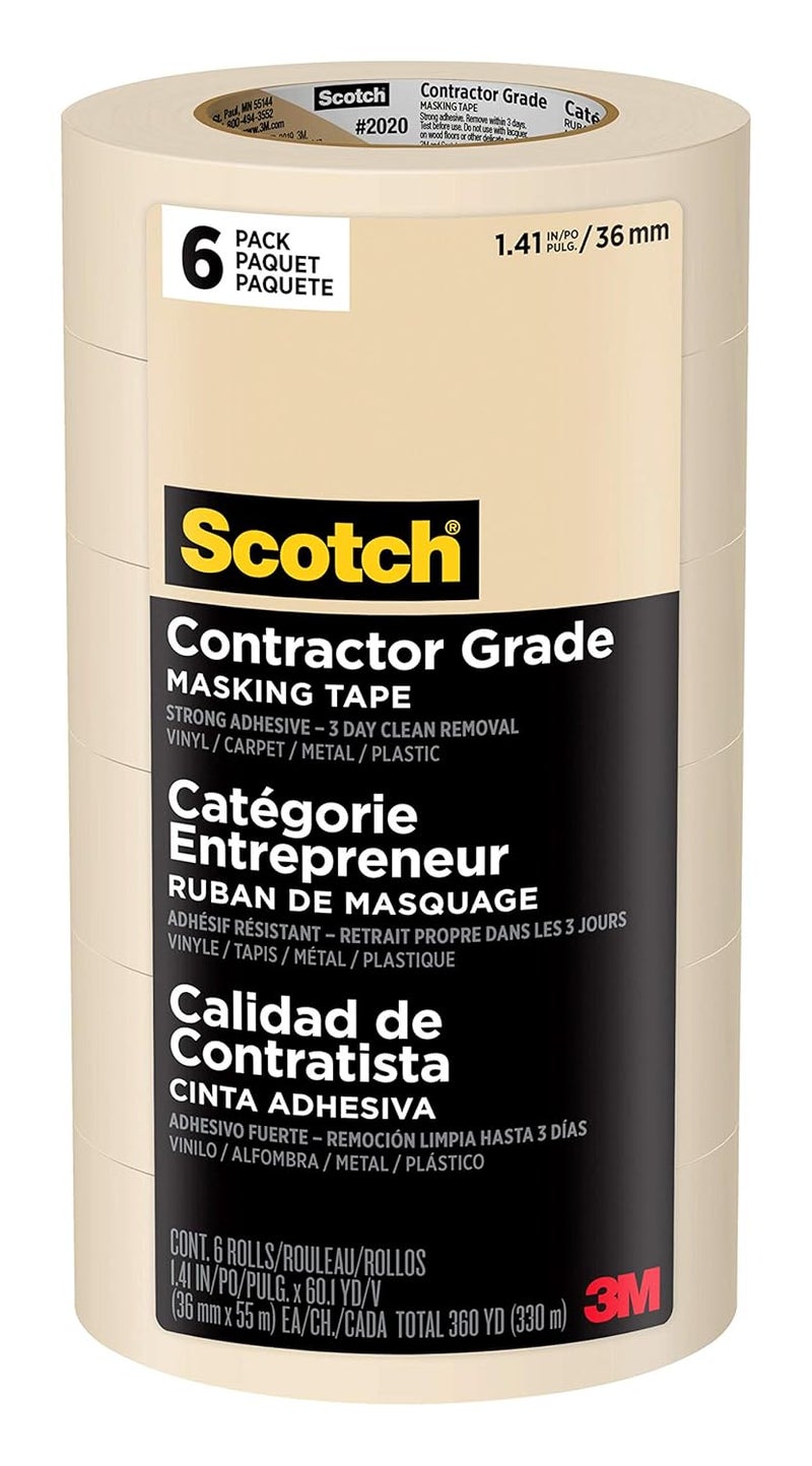 Scotch Contractor Grade Masking Tape - 6 Rolls of 1.41 inches x 60.1 yards (360 yards total) - Image 1