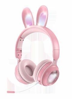Excefore Over Ear Headphone, Bluetooth Headphones for Kids, Wireless Foldable Kids Headset with LED Rabbit Ears Removeable Noise Cancelling Microphone Girls on School, Travel, Gaming (Pink)  - Image 1