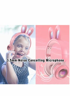 Excefore Over Ear Headphone, Bluetooth Headphones for Kids, Wireless Foldable Kids Headset with LED Rabbit Ears Removeable Noise Cancelling Microphone Girls on School, Travel, Gaming (Pink)  - Image 2