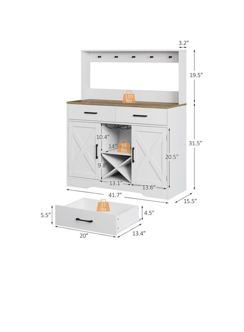 EXPERT Multipurpose Sideboard and Buffet Table for Kitchen and Living Room, Kitchen and Dining Room Console Cabinet, Large Kitchen Storage Cabinet with 2 Drawers, 2 Cabinets, 2 Shelves and High Hanging Shelf 106*40*130cm White - Image 3
