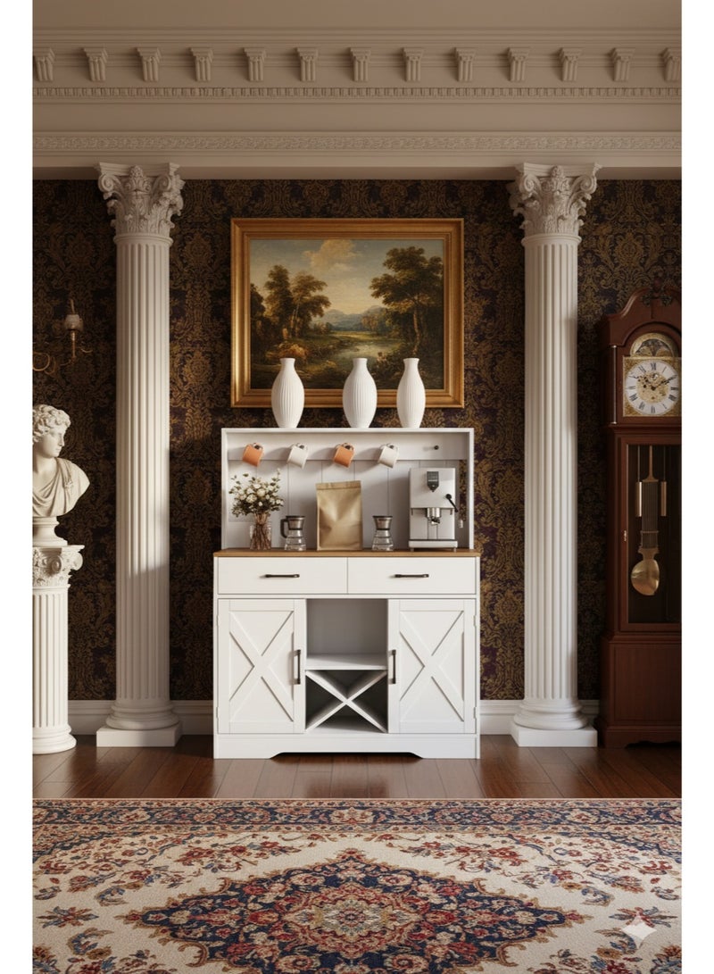 إكسبرت خزانة جانبية وطاولة بوفيه متعددة الأغراض للمطبخ وغرفة المعيشة، خزانة وحدة تحكم للمطبخ وغرفة الطعام، خزانة تخزين مطبخ كبيرة مع درجين وخزانتين ورفين ورف معلق عالي 106*40*130 سم باللون الأبيض - Image 5