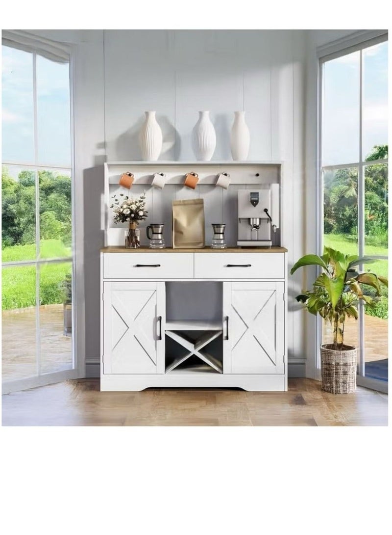إكسبرت خزانة جانبية وطاولة بوفيه متعددة الأغراض للمطبخ وغرفة المعيشة، خزانة وحدة تحكم للمطبخ وغرفة الطعام، خزانة تخزين مطبخ كبيرة مع درجين وخزانتين ورفين ورف معلق عالي 106*40*130 سم باللون الأبيض - Image 2