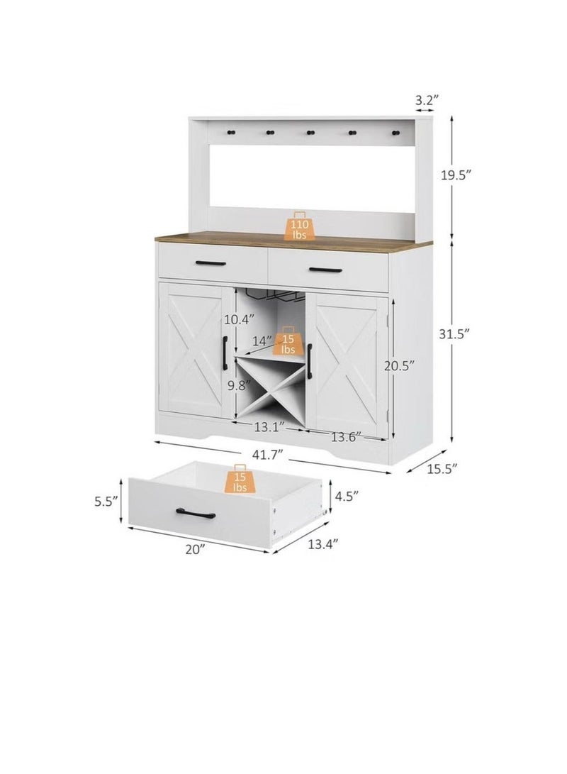 إكسبرت خزانة جانبية وطاولة بوفيه متعددة الأغراض للمطبخ وغرفة المعيشة، خزانة وحدة تحكم للمطبخ وغرفة الطعام، خزانة تخزين مطبخ كبيرة مع درجين وخزانتين ورفين ورف معلق عالي 106*40*130 سم باللون الأبيض - Image 4
