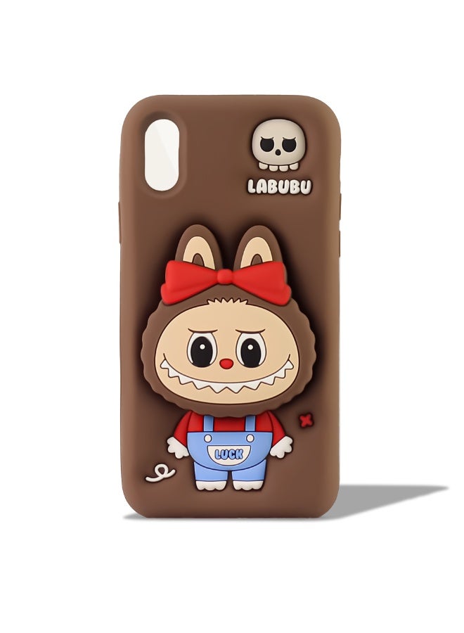 أغطية حماية أنيقة من السيليكون الناعم بتصميم كرتوني لطيف ثلاثي الأبعاد مع حامل للهاتف iPhone X/Xs (بني)