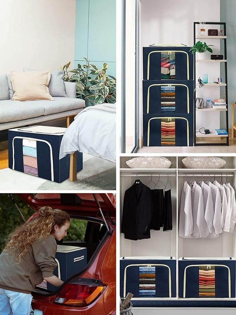 BIYALI BIYALI Fabric Clothes Storage Box for Wardrobe Cloth Saree Towel Blanket Foldable Organizer Bag with Steel Frame Top and Front Zipper Open Bags Pack of 1 Polka Dot Blue 66L - Image 2