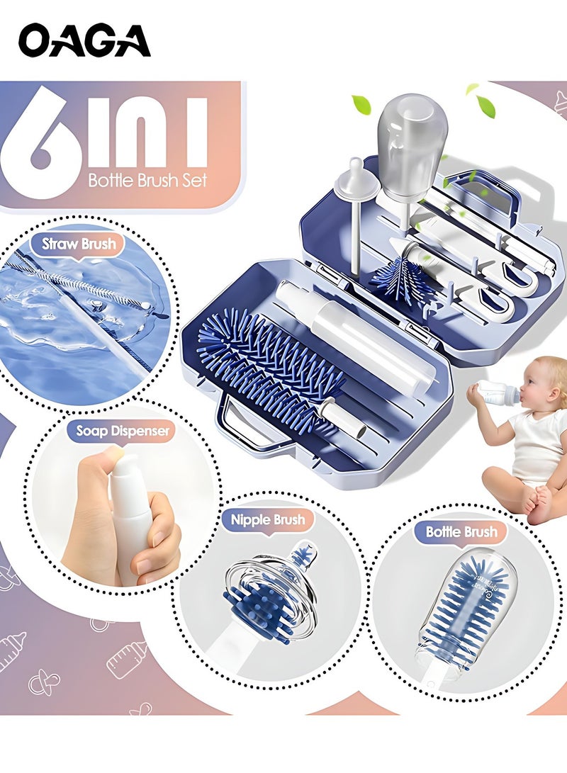 OAGA 6 in 1 Bottle Cleaner Kit, Portable Bottle Brush Set with Storage box for Travel, Soft Yet Durable Silicone Bristles for Scratch-Free Clean, Easy-Grip Handle with Drying Rack Inside (Blue) - Image 1