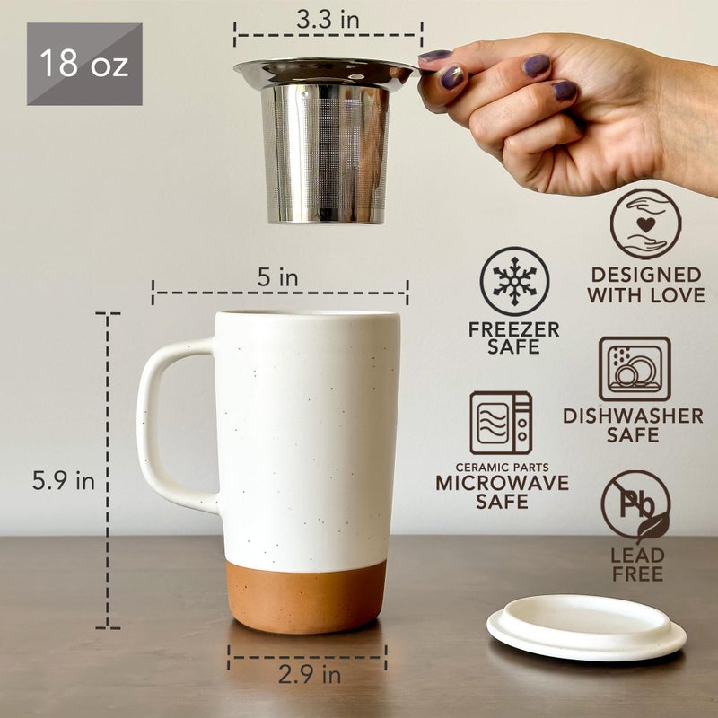 Mora Ceramics Large Tea Mug with Loose Leaf Infuser and Ceramic Lid, 18 oz, Portable, Microwave and Dishwasher Safe, Tall Coffee Cup - Rustic Matte Ceramic Glaze, Modern Herbal Tea Strainer, Cotton - Image 3