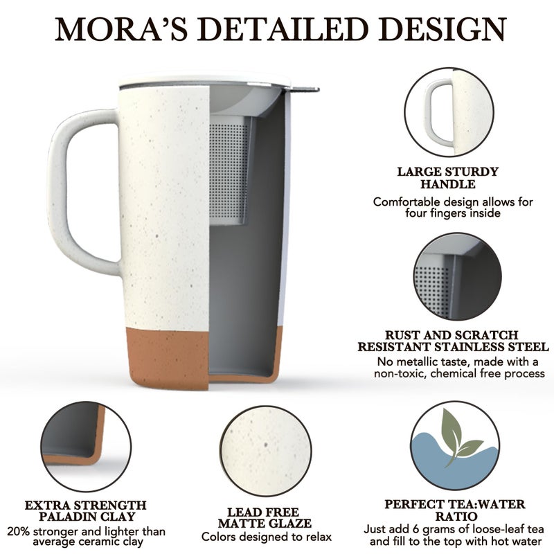 Mora Ceramics Large Tea Mug with Loose Leaf Infuser and Ceramic Lid, 18 oz, Portable, Microwave and Dishwasher Safe, Tall Coffee Cup - Rustic Matte Ceramic Glaze, Modern Herbal Tea Strainer, Cotton - Image 2