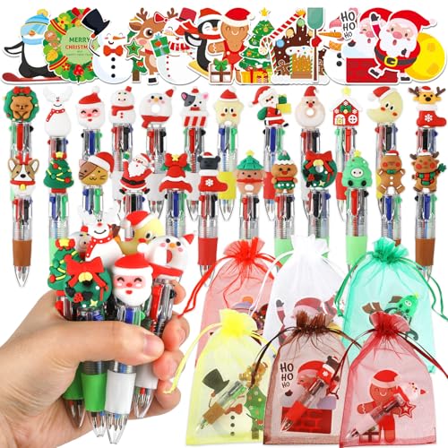 OBUSATT 72 PCS Winter Christmas 4 in 1 MultiColor Ballpoint Pen Party Favor Gift 24 Retractable Ballpoint Pens 24 Christmas Snowman Elk Santa Claus Cards with Storage Bags Bulk for Xmas Office Party Supplies - Image 1
