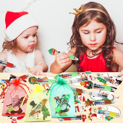 OBUSATT 72 PCS Winter Christmas 4 in 1 MultiColor Ballpoint Pen Party Favor Gift 24 Retractable Ballpoint Pens 24 Christmas Snowman Elk Santa Claus Cards with Storage Bags Bulk for Xmas Office Party Supplies - Image 5