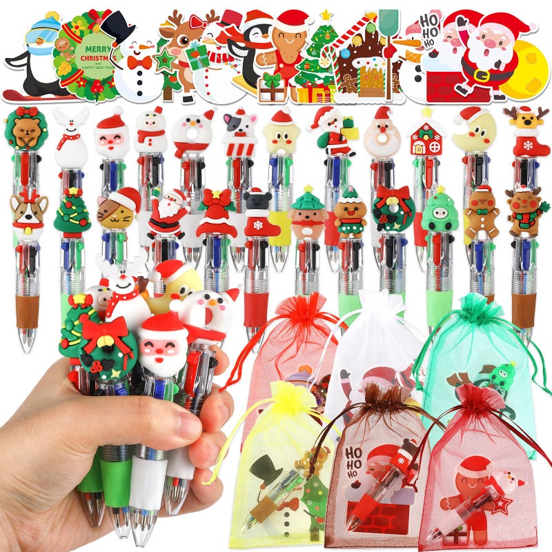 OBUSATT 72 PCS Winter Christmas 4 in 1 MultiColor Ballpoint Pen Party Favor Gift 24 Retractable Ballpoint Pens 24 Christmas Snowman Elk Santa Claus Cards with Storage Bags Bulk for Xmas Office Party Supplies - Image 3