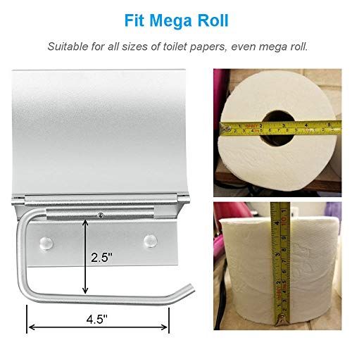 AYADA Toilet Paper Holder Wall Mounted with Phone Shelf Tray for Bathroom Restroom Hotel,Aluminum TP Holder Wall Mount with Cover Lid Metal Modern Rust Free Universal Tissue fit Mega Roll, Matte Silver - Image 3