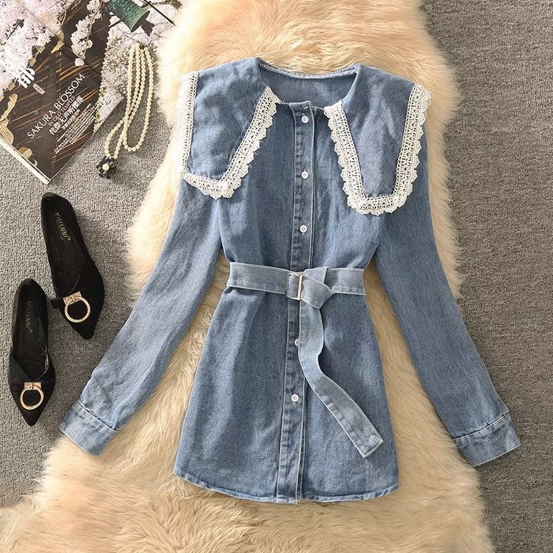 Denim dress Womens 2024 New Hong Kong-style Tight Waist Age-reducing Lace Doll Collar Long-sleeved Shirt Dress Light blue - Image 2