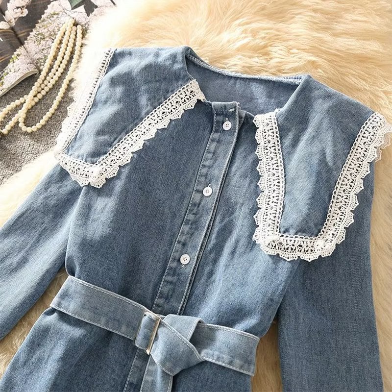 Denim dress Womens 2024 New Hong Kong-style Tight Waist Age-reducing Lace Doll Collar Long-sleeved Shirt Dress Light blue - Image 4