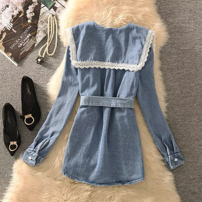 Denim dress Womens 2024 New Hong Kong-style Tight Waist Age-reducing Lace Doll Collar Long-sleeved Shirt Dress Light blue - Image 5