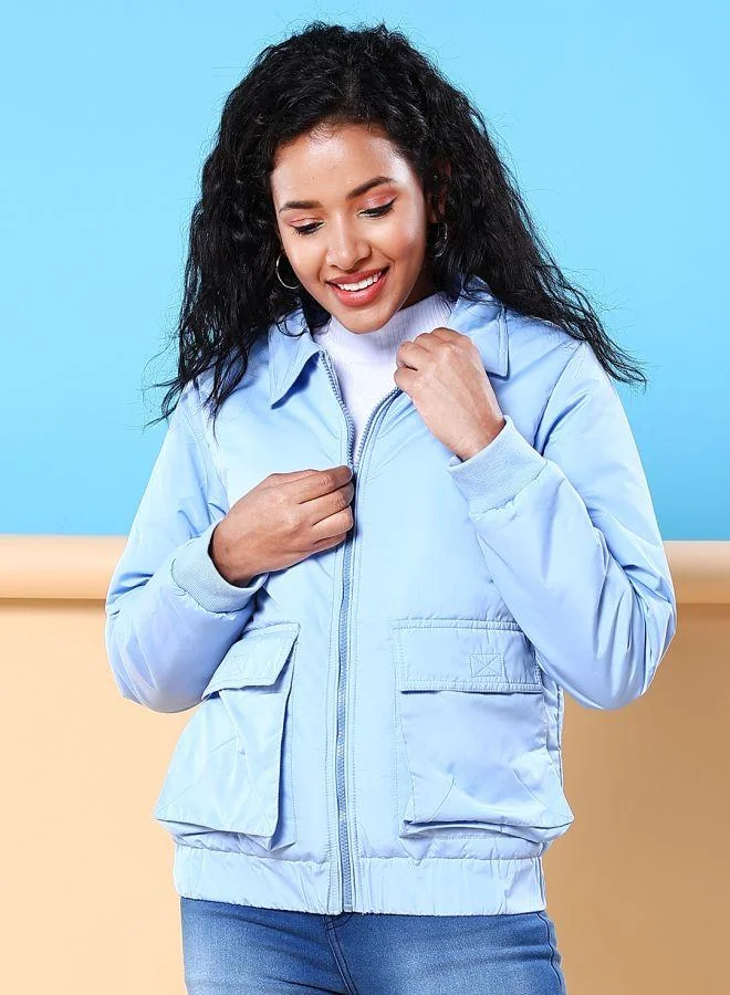 Women Regular Fit Solid Crop Cargo Puffer Jacket