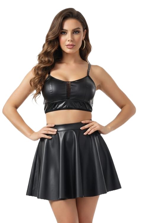 GirlFriend Women Leather Lingerie Black Babydoll Round Neck Nightwear Chemise Nightie Bodysuit Lingerie Bra Skirt Panty Honeymoon Mini Nightdress Sheer mesh with Panty - Image 1