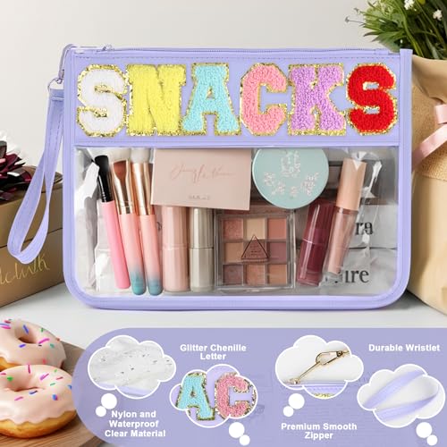TESAFNG Snack Bag for Travel - Clear Chenille Varsity Letter Flat Pouch with Zipper, Waterproof Clear PVC&PU Preppy Patch Makeup Cosmetic tote Bags for Women Girls (Purple-Snacks) - Image 3